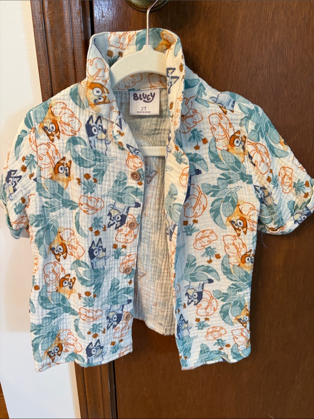 Bluey Short Sleeve Button-Down Shirt - Light Blue Floral Print, 2T